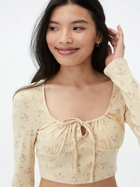 Aeropostale Beige Floral Tie-Front Ribbed Long-Sleeve Crop Top Size Small EUC